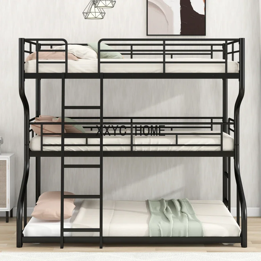 Triple Bunk Bed With Safety Guardrail,Long And Short Ladder,Unique Curved Metal Frame