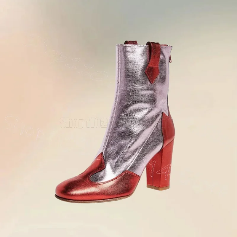 Mixed Color Totem Print Pointed Toe Boots Back Zipper Women Shoes Chunky High Heels Party Feast Dating 2024 Zapatos Para Mujere