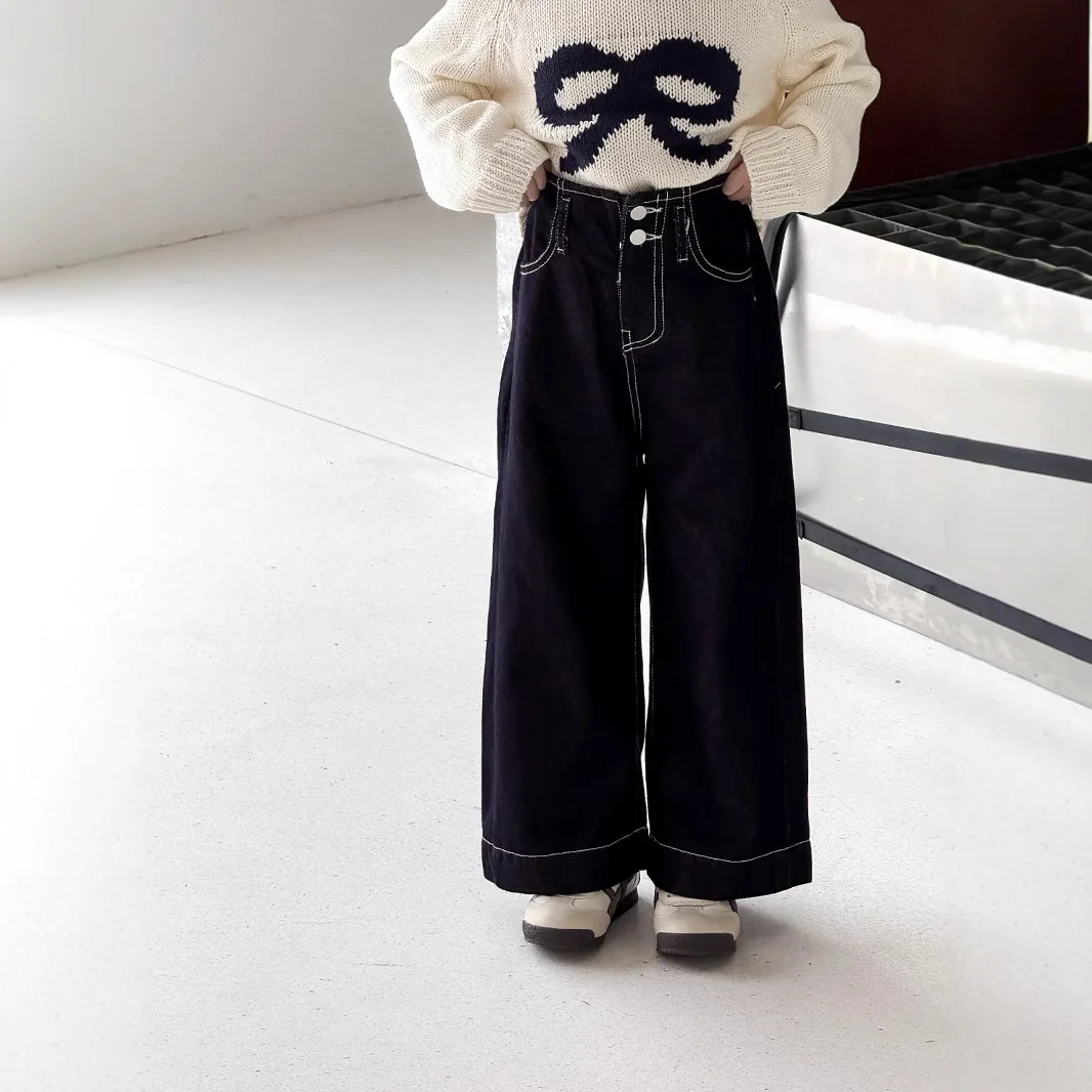 

Girls' Jeans 2025 Spring New High Waist Clear Color Straight Leg Pants Children's Fashionable Versatile Wide Leg Pants