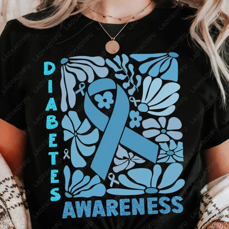 

Diabetes Awareness Cancer Fighter Sublimation Tshirt Gift Month Blue Ribbon Cute Harajuku Tees Men Women Cotton Loungewear Tops
