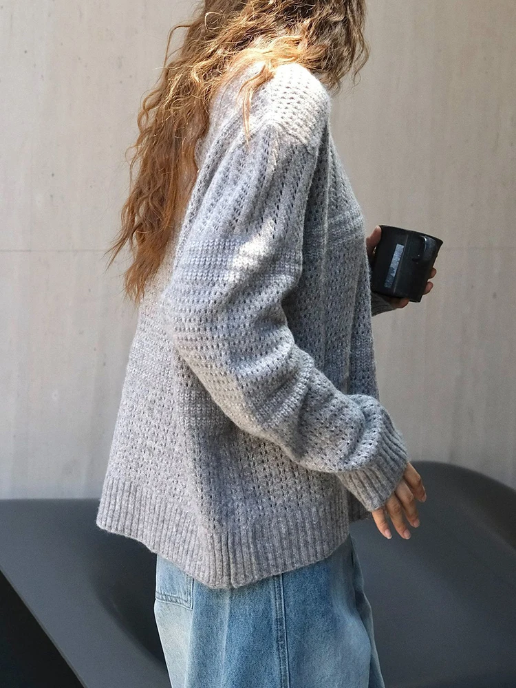 [EAM] Apricot Hollow Out Big Size Knitting Sweater Round Neck Long Sleeve Women Pullovers New Fashion Spring Autumn 2024 1DH6895