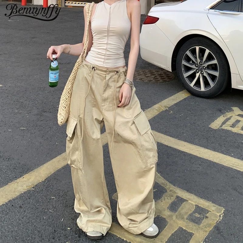 

Benuynffy American Street Adjustable Waist Baggy Cargo Pants Women's Y2K Khaki Multi-pocket Casual High Waist Wide Leg Trousers