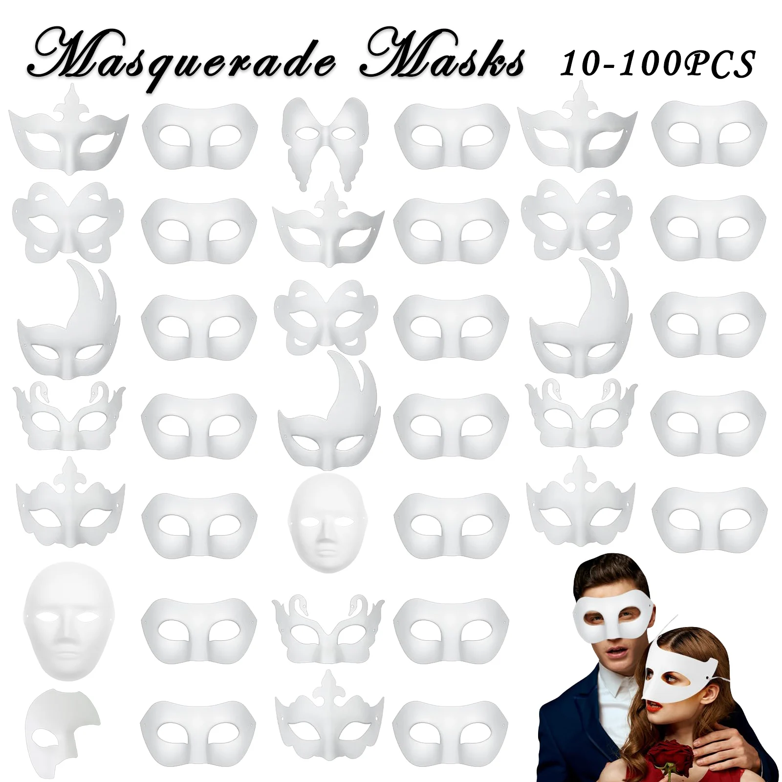 

10-100PCS Masquerade Masks Bulk Paper Mache Art Masks Halloween Mardi Gras Masks White Craft Masks for Men Women Cosplay Party