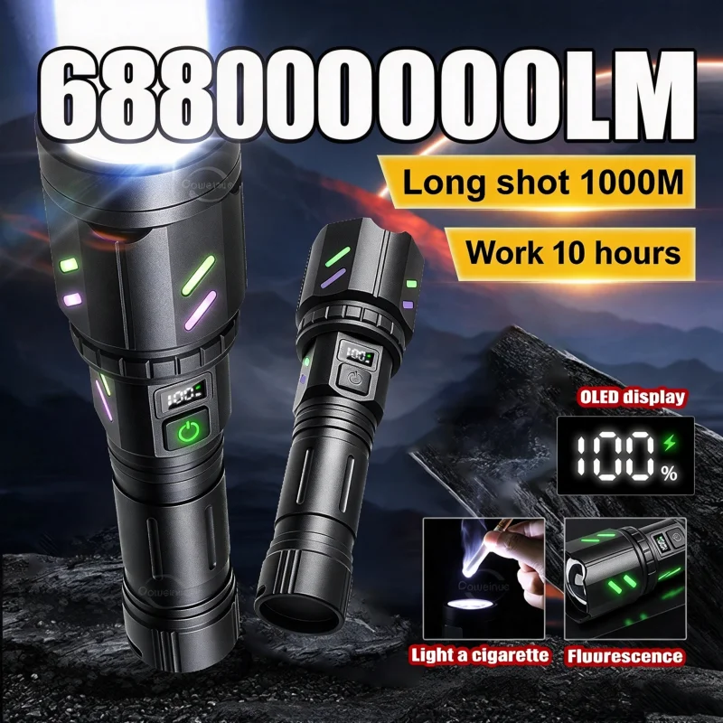 Newest 6880000000LM High Power LED Flashlight Rechargeable Flashlight Powerful Long Range 1000M Torch Light Camping Fishing Lamp