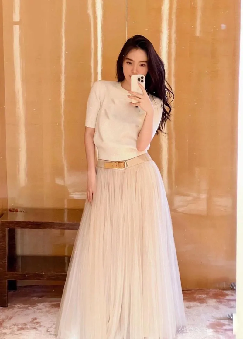 2024 New Women's Half length Skirt Elegant Solid Color sheer Skirt Fashion Belt A-line Skirt Summer High Waist Party Midi Skirt