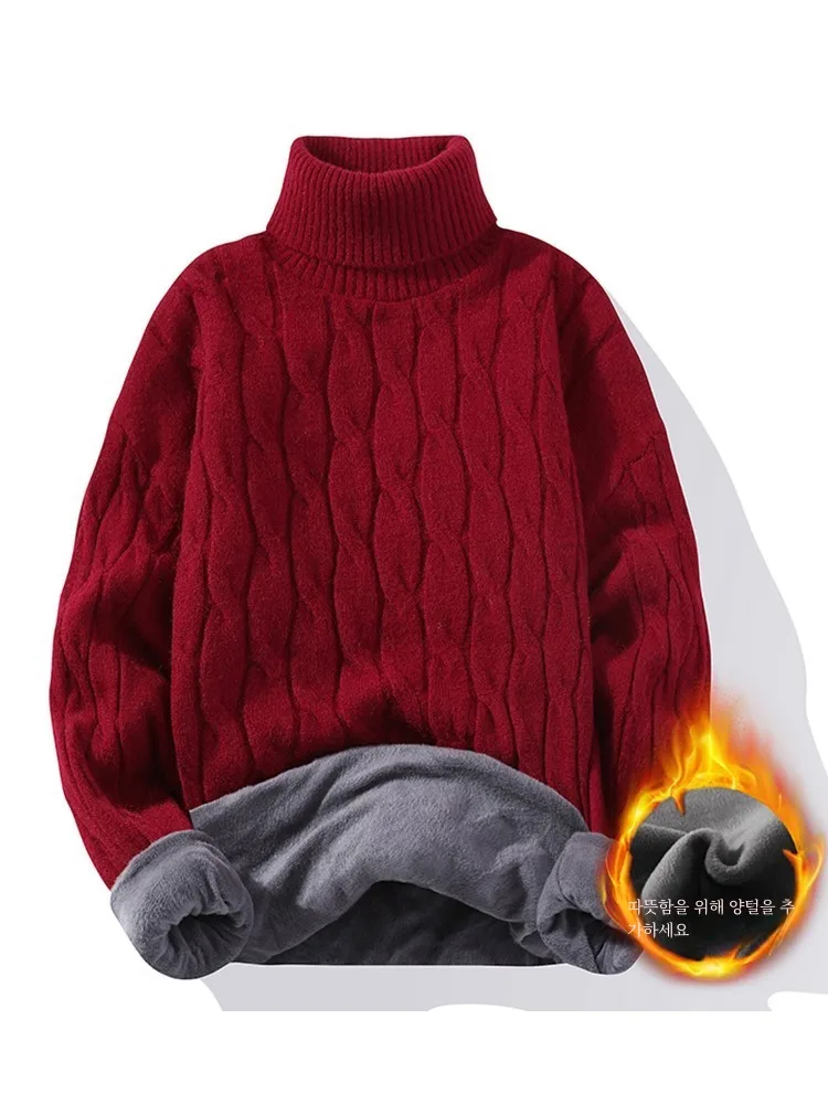 Winter Solid Fleece-lined Thickened Slim fit Knit Long Collar Sweater Can Be Turned Turtleneck sweater Men's Cotton Knitwear ...