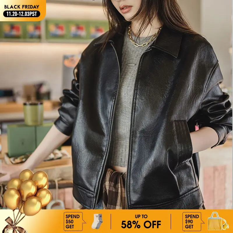 

Maden Women's Retro Black Leather Jacket Short Motorcycle Style Jackets with Metal Buttons Versatile Autumn and Spring Outerwear