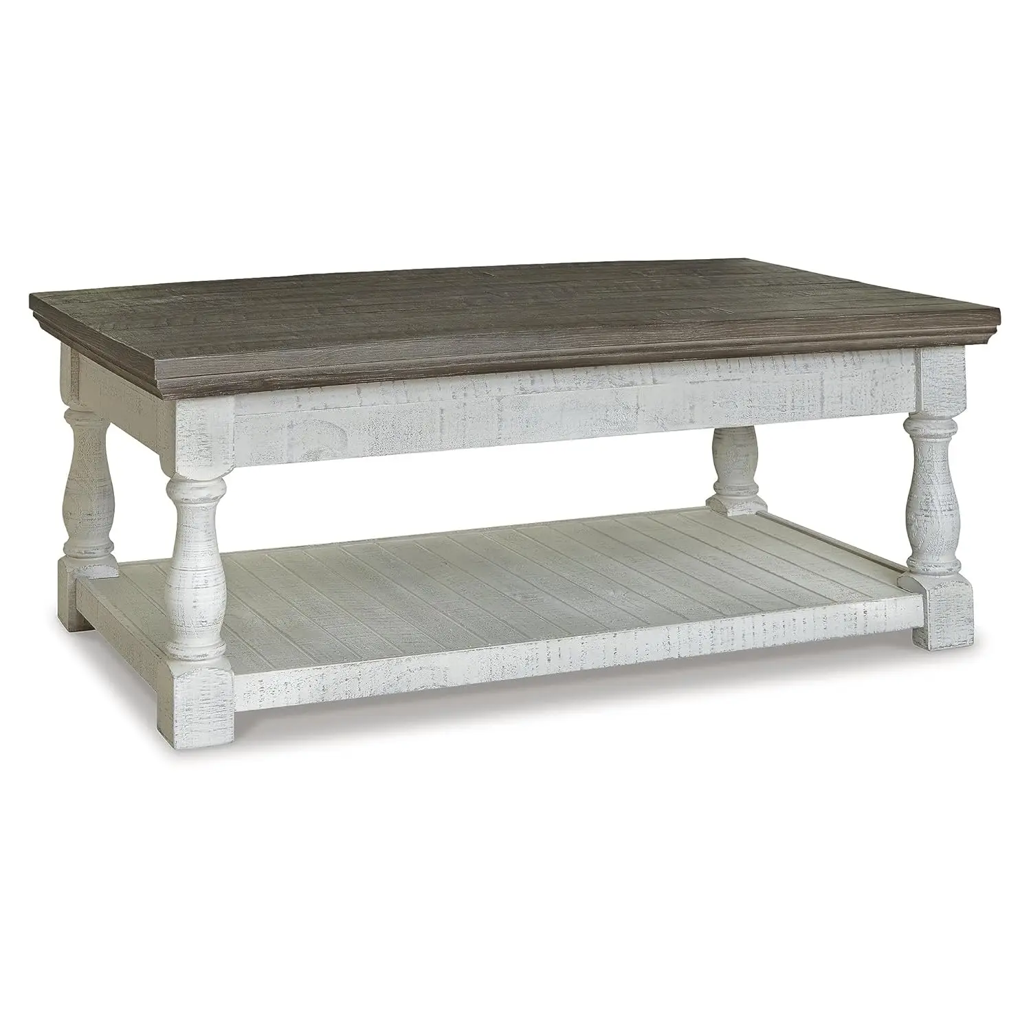 

Farmhouse Lift Top Coffee Table With Fixed Shelf And 2 Hidden Storage Trays, Gray & White With Weathered Finish