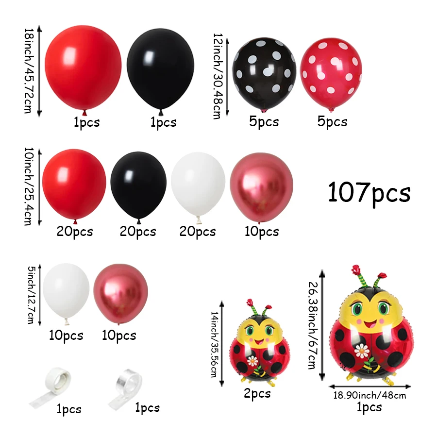 107Pcs Red and Black Ladybug Theme Party Balloon Garland Set, Black and White Red Polka Dot Balloon with Cartoon Ladybug Aluminum Foil Balloon, Suitable for Berry Birthday, Bachelor Party Celebration Set