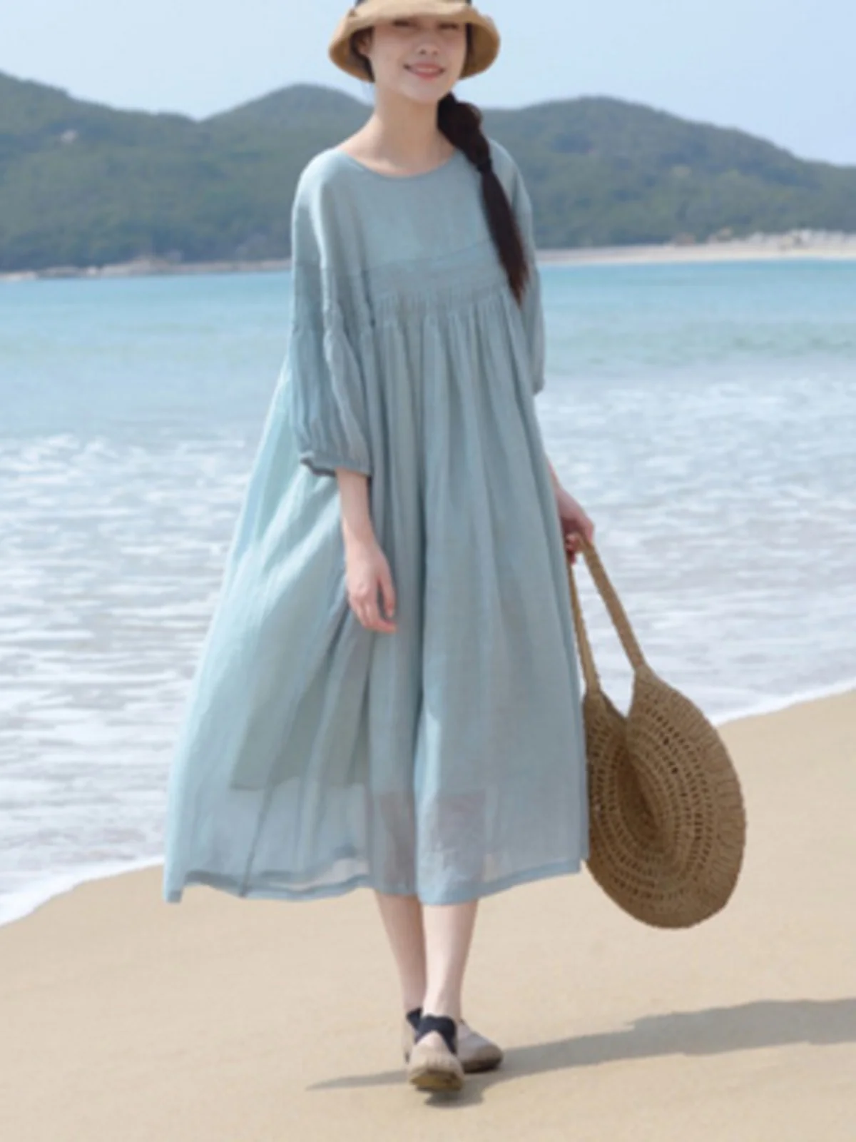 صيف جديد Sle لون نقي سبعة أرباع Sve طويل Dr round Ne A-Line تنورة الشاطئ الأكورديون الطية تصميم Vaion S...