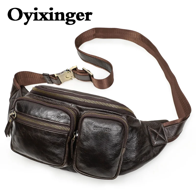 OYIXINGER Vintage Unisex Cowhide Chest Bag Men\'s And Women\'s Genuine Leather Waist Bag Portable Sports Phone Bags Multiple Usage