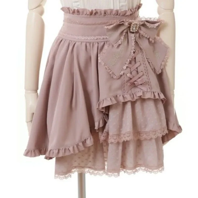 Bow Dresses Landmine Y2K Lizzisa Soft Girl Japan Sweet And Cute Lace Bow Ruffle Half Skirt A-line Medium Waist Short Skirt New