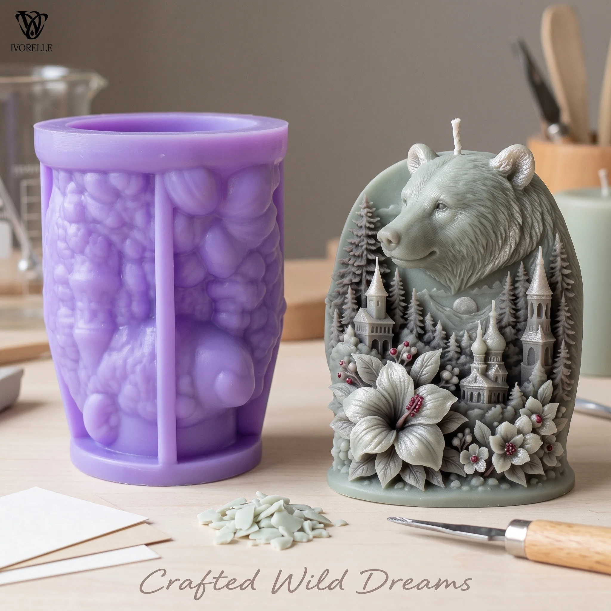 IVORELLE Bear Silicone Candle Mold Forest Church Floral Scene For Wax Resin Plaster Soap DIY Home Decor Craft