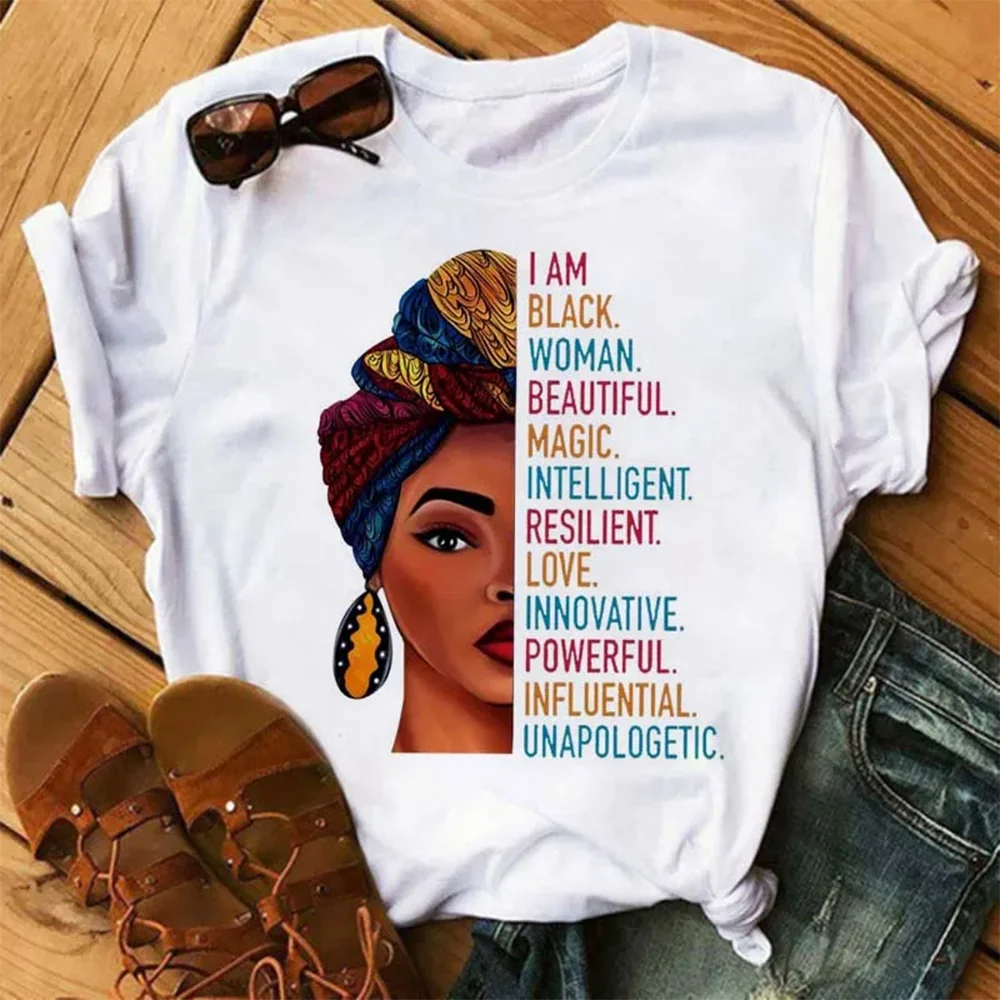 Plus Size Maycaur Women Beautiful African White Funny Print T Shirt Girl Black Queen Harajuku Kawaii 90s Short Sleeves Clothes