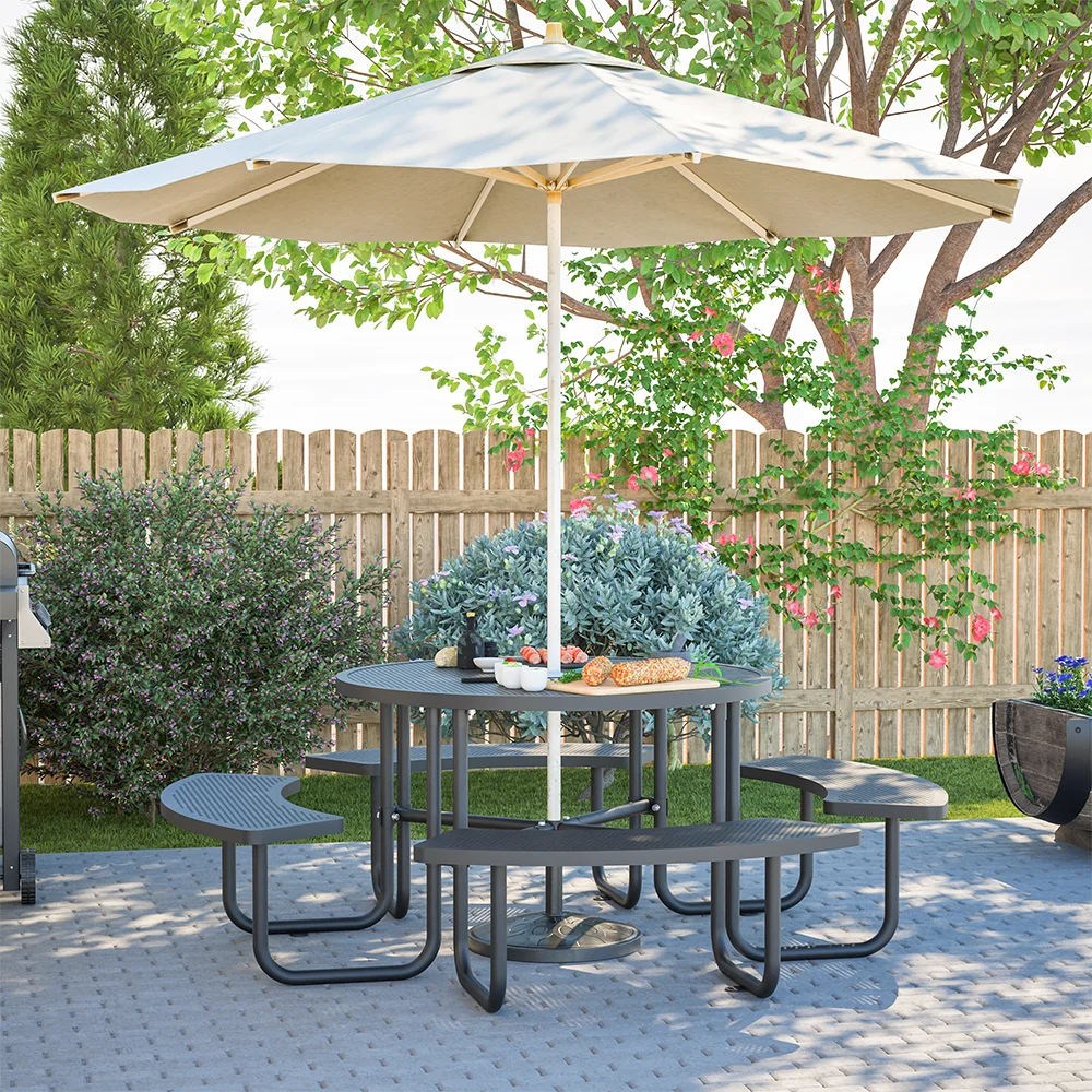 46.45 Inch Round Perforated Metal Picnic Table with 4 Integrated Curved Benches, Heavy-Duty All Weather Outdoor Patio Dining Set, Waterproof & Anti-Rust Coated Metal Picnic Table, Sturdy Durable for Backyard, Garden, Park & Campsite