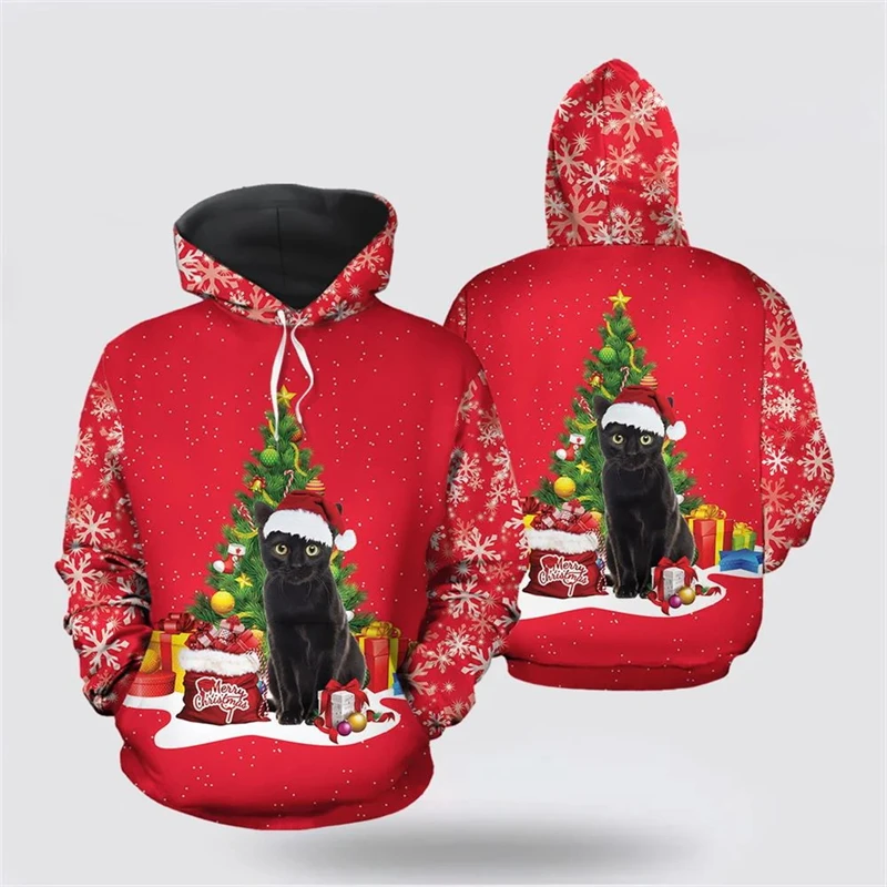 Vintage Ugly Christmas Hoodie For Men Funny 3d Print Cute Black Cat Graphic Sweatshirt Long Sleeve Oversized Hoodies Tops Coat