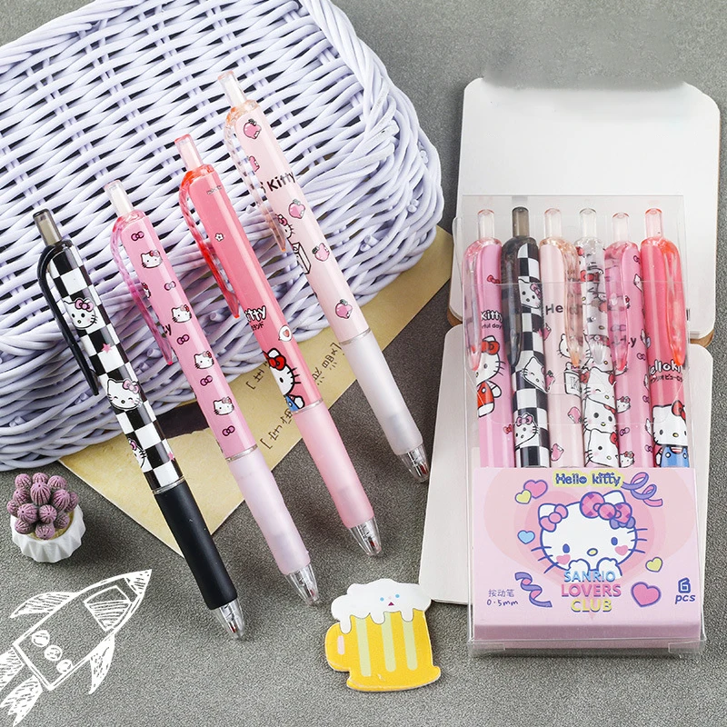 6Pcs Sanrio Gel Pen Hello Kitty Kuromi Cute Cartoon Press A Gel Pen St Quick Drying Black 0.5MM Press The Ballpoint Pen Gifts