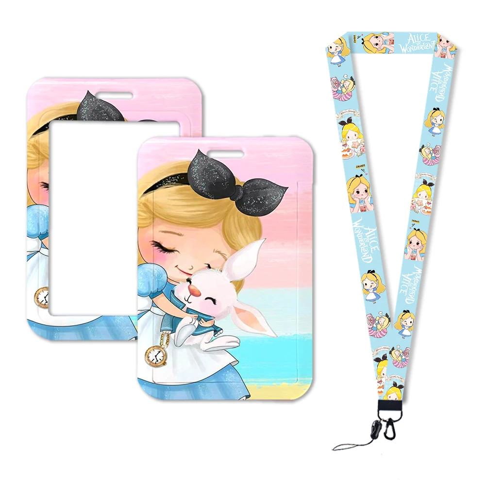 Porte-cartes d'identité Disney Princess pour filles, porte-cartes Alice, porte-badge, sangle de cou, porte-cartes de visite, cadeau