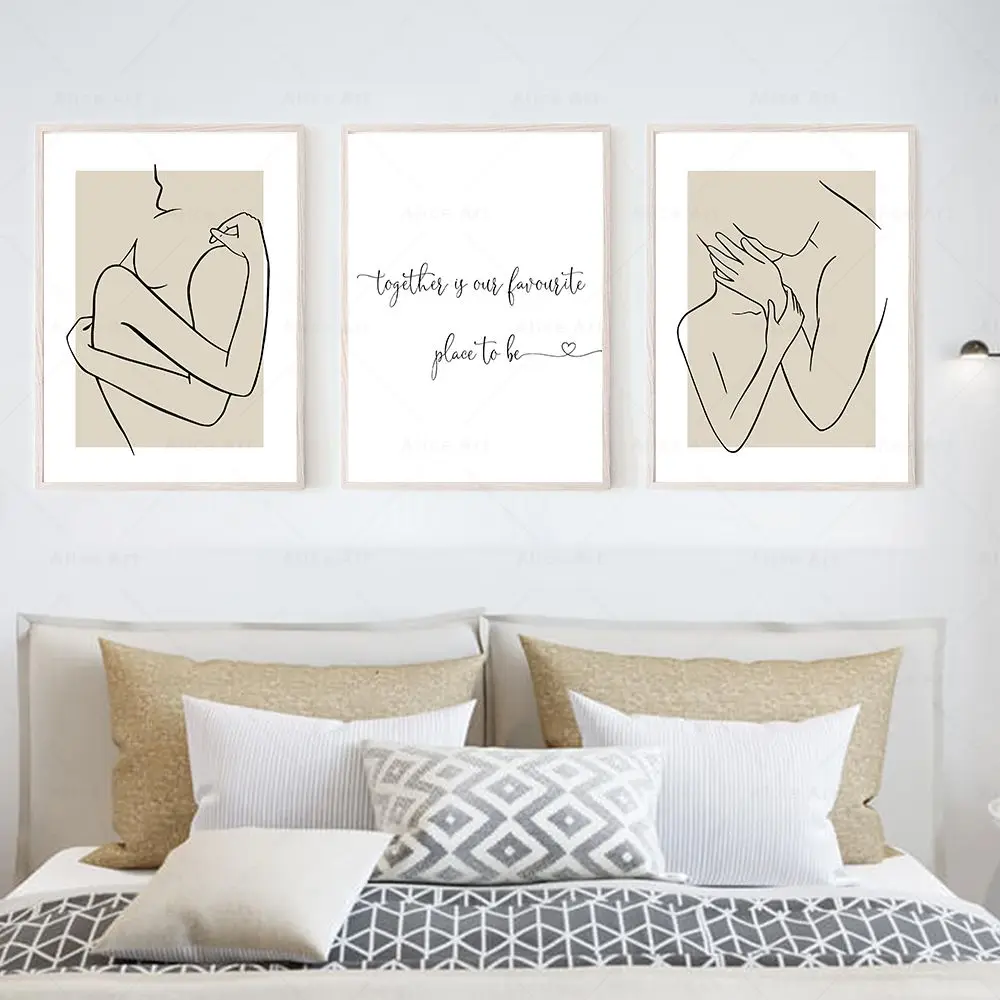 

One Line Drawing Print Couple Gift Abstract Poster Beige Green Minimalist Wall Art Canvas Painting Nordic Picture Bedroom Decor