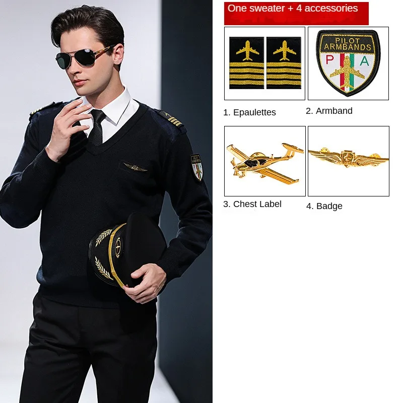 Winterpiloottrui Imitatiewol Kapitein V-hals Wol Luchtvaartuniform Vluchtpak Diepblauw