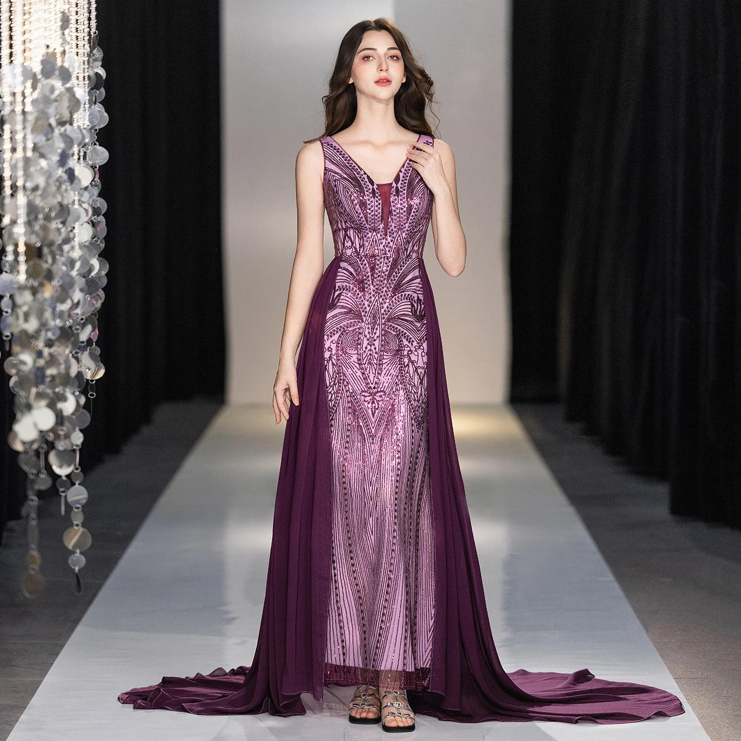 Deep V Neck Sequin Evening Dress Sleeveless Floor Length Purple Art Deco Embroidered Chiffon Cape Formal Gown