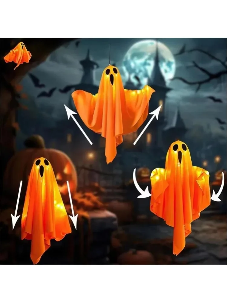 3 sztuki pomarańczowych dekoracji w kształcie duchów na Halloween, do zawieszenia, o długości 60 cm, z wbudowanymi diodami LED, świecące ozdoby w kształcie duchów do użytku na zewnątrz, idealne do — 2