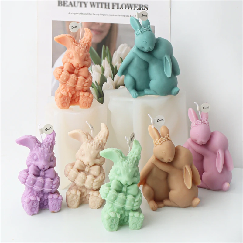 New 3D Rabbit Silicone Candle Mold Easter Bunnies Shape Fondant Cake Decorating Mould Flower Rabbit Aromatherapy Plaster Mold