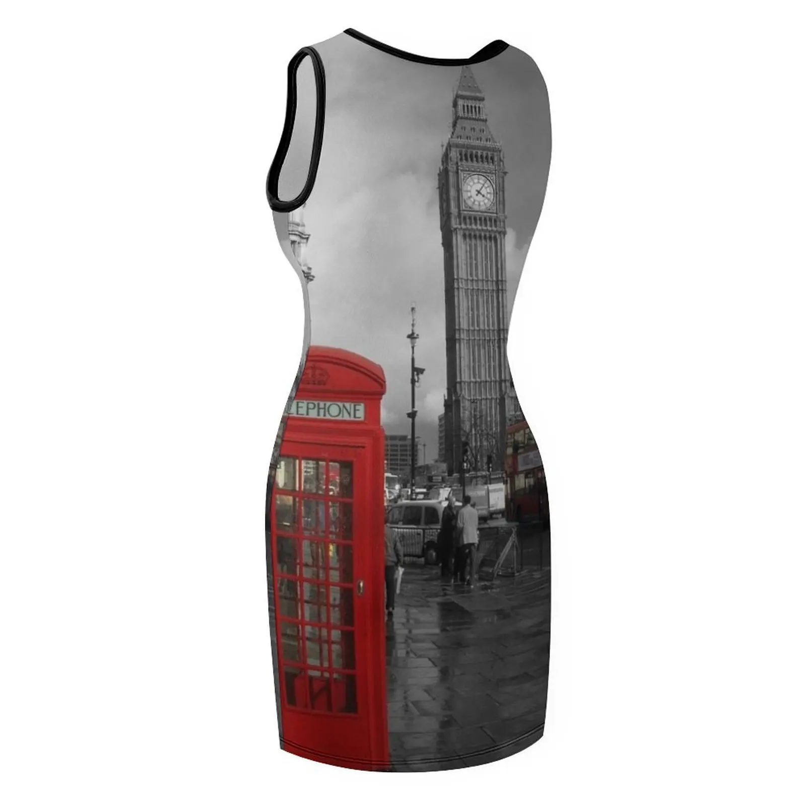 London England city black and white photo of Big Ben with red phone booth and red double decker bus Sleeveless Sundress