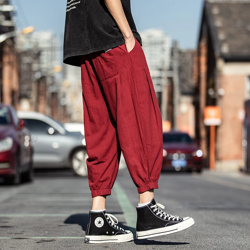 

Red Wine Color Pants Japanese Sle y Cuffed Seven-Five Men Summer Linen Cotton Wide Leg Eight Lantern Pants