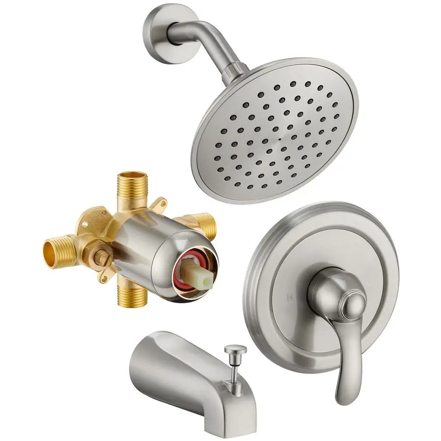 

Shower Faucet Set with Valve, 6Inch Shower Head and Handle Set Brushed Nickel, SingleHandle Tub and Shower Trim Kit with TouchCl