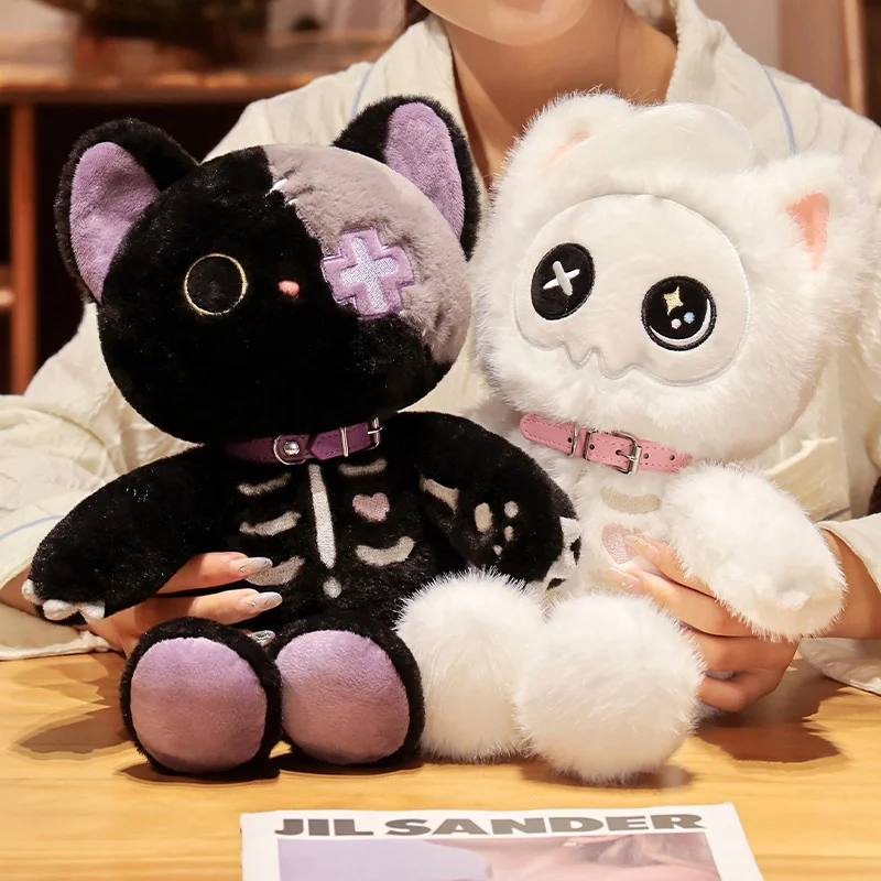 Kawaii Devil Skeleton Cat Plush Toy, Animal de peluche de dibujos animados, lindo monstruo de terror, Cráneo gótico, gatito para niños, Halloween,