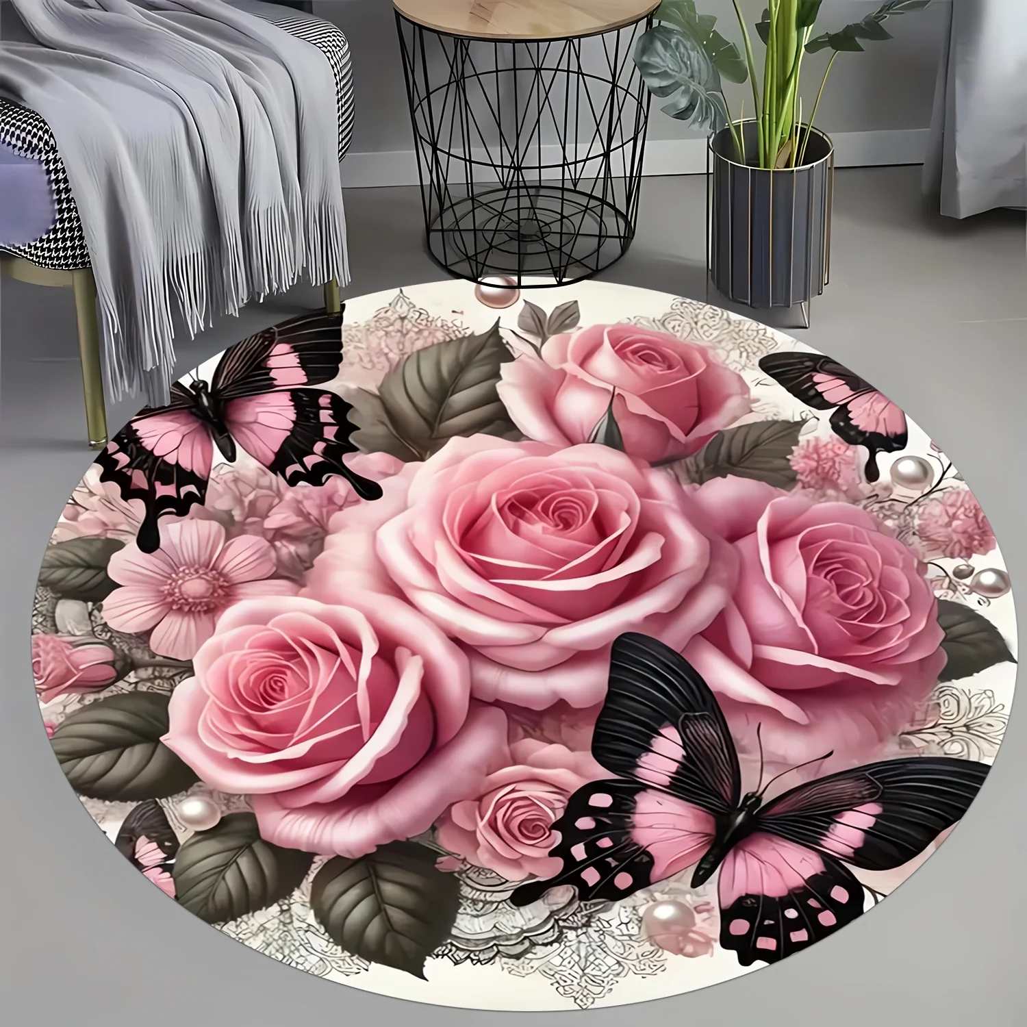 

1pc Elegant floral and butterfly round rug, crystal velvet fabric, suitable for bedroom living room decoration