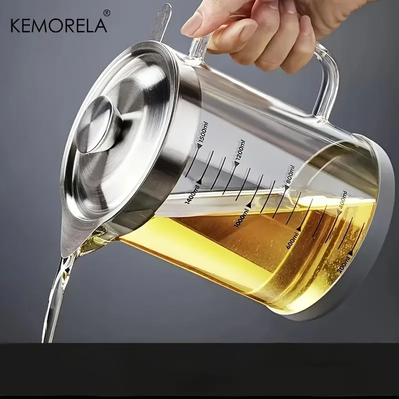 

KEMORELA 1000/1500ML Glass Oil Filter Pot with Lid - Easy-Grip Handle Kitchen Grease and Fat Separator For Cooking Oil Storage