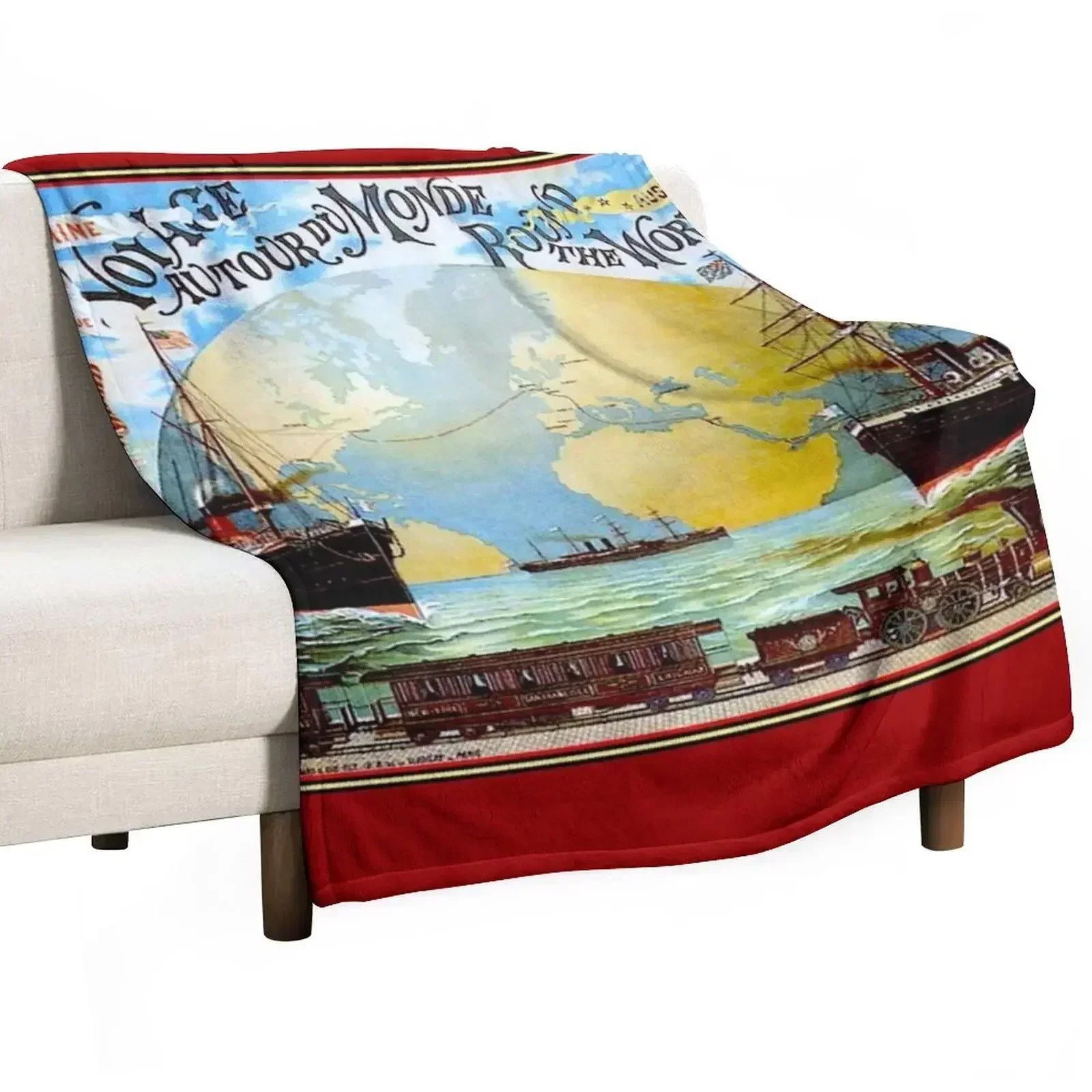 Around The World in 80 Days; Vintage Jules Verne Print Throw Blanket Summer Plaid on the sofa Picnic Nap Blankets