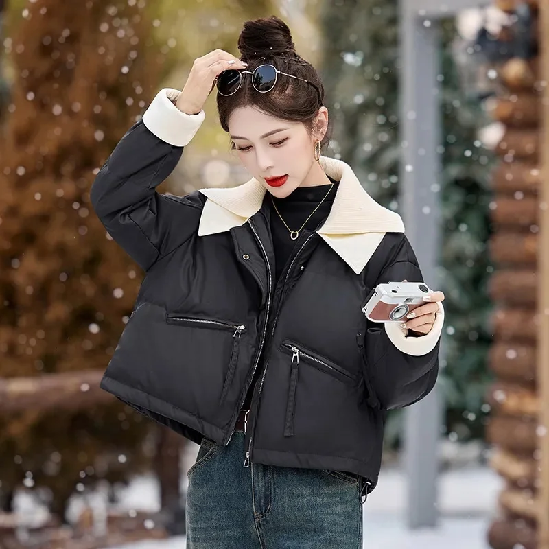 PU 따뜻한 면 패딩 여성 코트 파카 겨울 2025 신상 니트 라펠 가죽 재킷 숏 여성 아우터 패션 다운 재킷