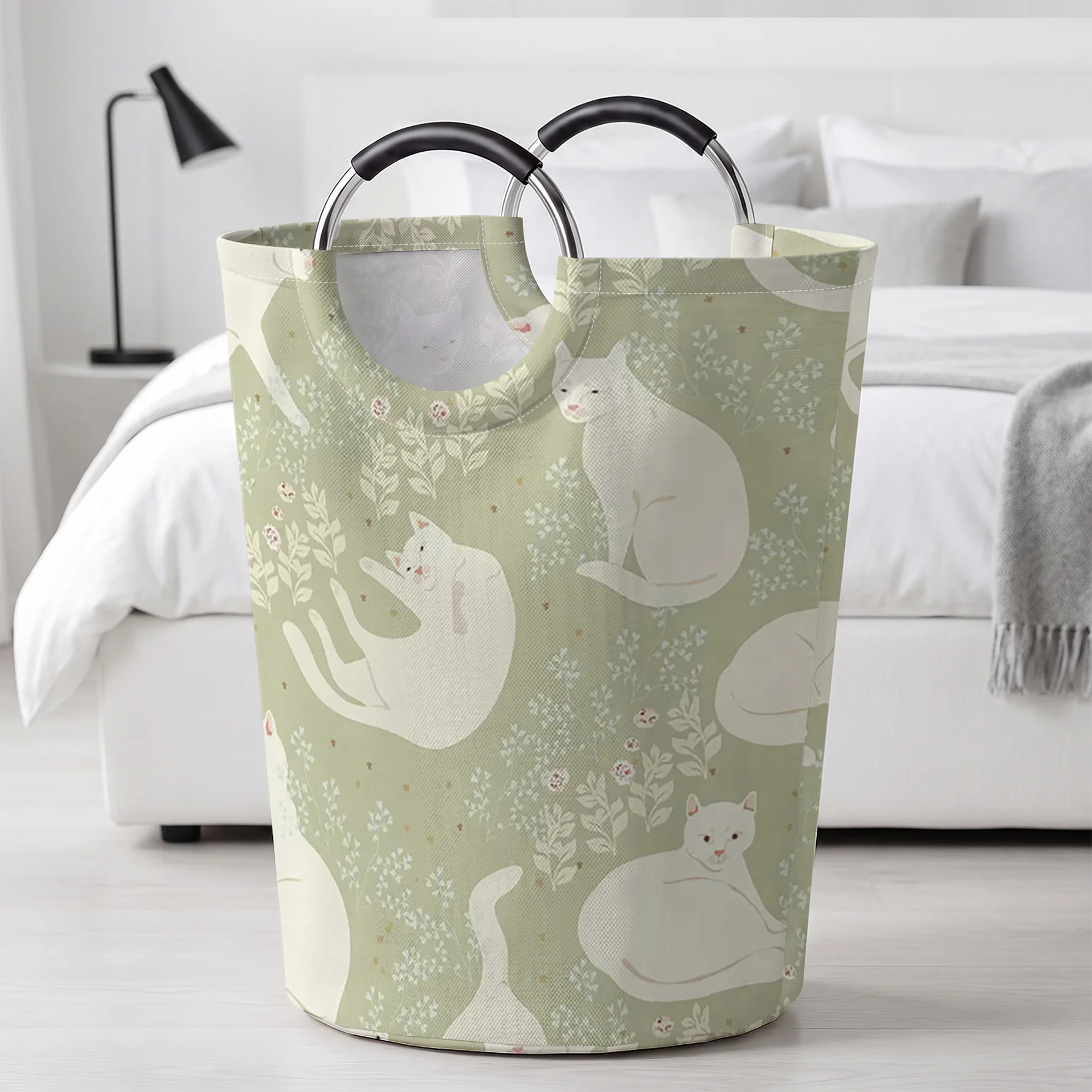 Light Green Background White Cats And Plants All‑Over Print Handheld Storage Basket, For Laundry, Bedroom & Home Sundries Storag