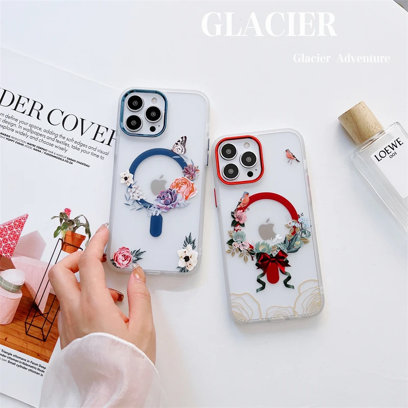 Original Magsafe Animation Beautiful Flower Painting Shockproof Clear Case for iPhone 13 12 Pro Max Magnetic Wireless Charging