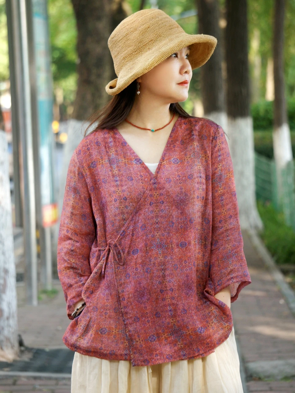 

Red Silk Cabinet Original Life Hanfu Small Shirt Long Cover up Red Flower High Branch Flax Lightweight Women Summer