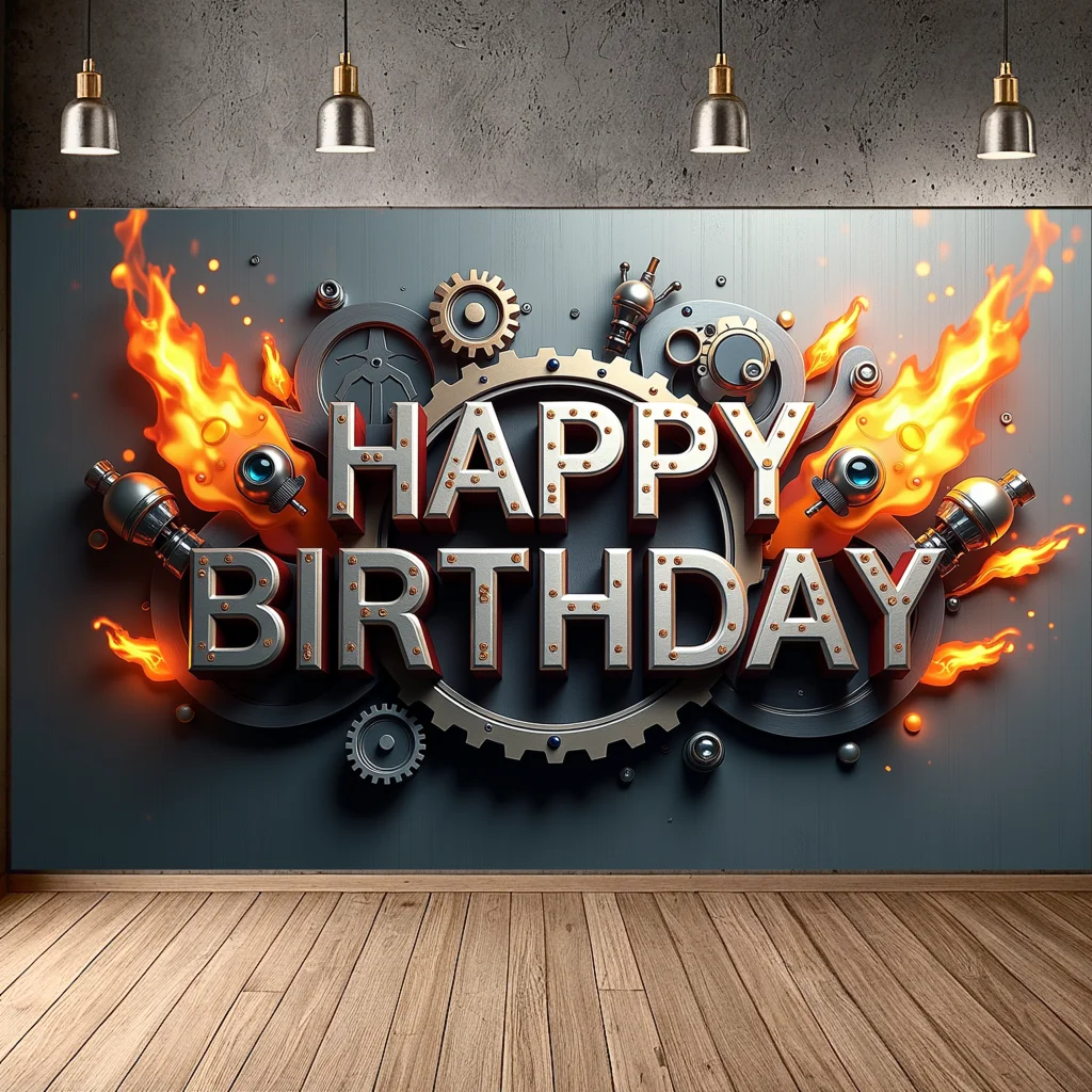 Happy Birthday Banner Steampunk Fire Design Backdrop Concealed Gears Flames Celebration Display Party Decoration Wall Hanging