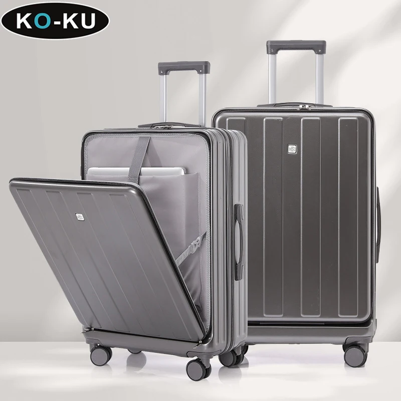 KO-KU Front Opening Lid Trolley Suitcase Business Carry On Boarding USB Charging Cup Holder Large Capacity Luggage20/22/24/26/28