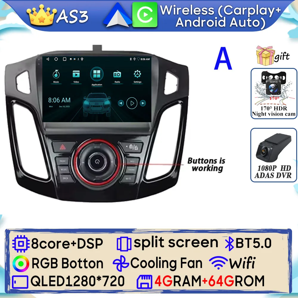 Android 15 Autoradio Voor Ford Focus 3 Mk 3 2011 2012 2013 2014 2015-2019 GPS Navigatie Android Auto Carplay Wifi Stereo Geen 2din - afbeelding 1