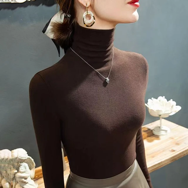 2025 Fashion Autumn Winter Female Turtleneck Fleece Stretch Shirt Women Long Sleeve T-shirt Warm Basic Pullover Bottoming Tops 4