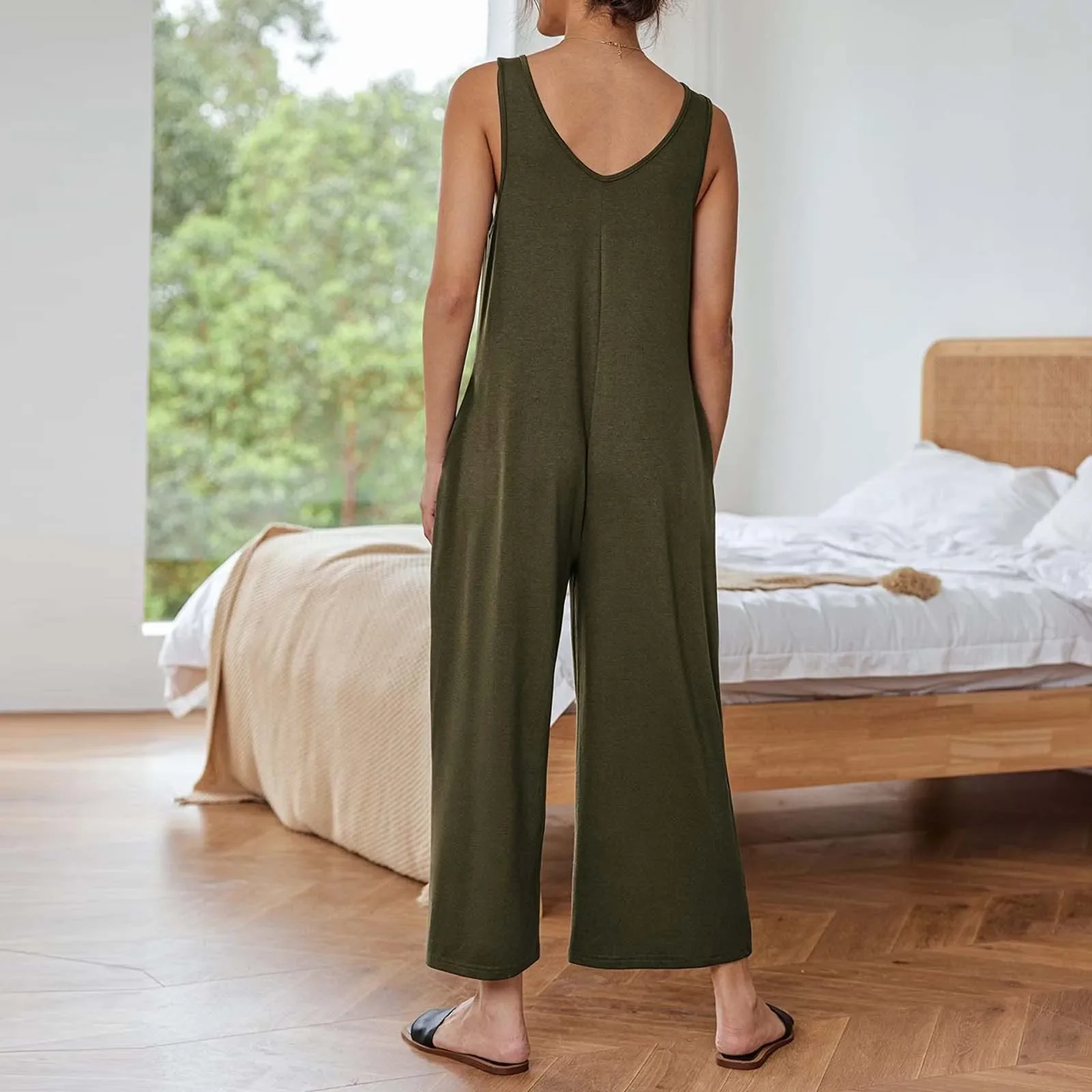 Women Casual Jumpsuits Summer Outfit Clothes Baggy Sleeveless Loose Wide Leg Rompers with Large Pocket Homewear Cotton Pants