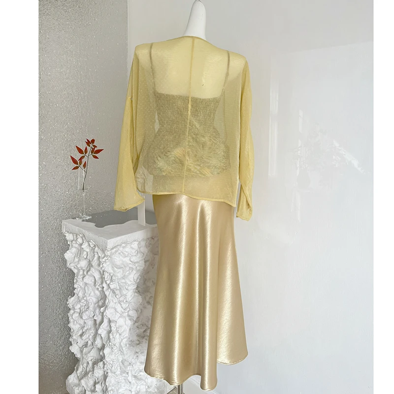 3-piece Skirts Sets See Through Blouse Coat & Embroidered Sleeveless Tank Tops & Elastic High Waist Mermaid Skirts Women Outfits