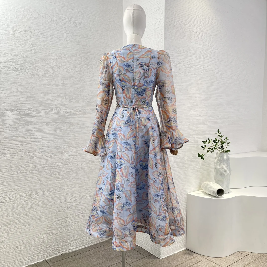 Blue 2025 New High Quality Women Summer Collection Linen Silk Full Sleeve Floral Print Women Black Midi Dress