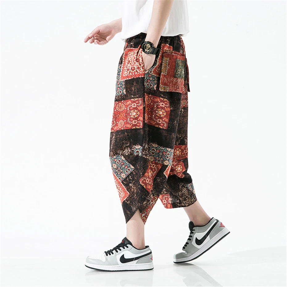 

Large Size Mens Thin Harem Pant Vintage Print Ankle Length Pants Men 2025 Summer New Harajuku Baggy Casual Trousers Male