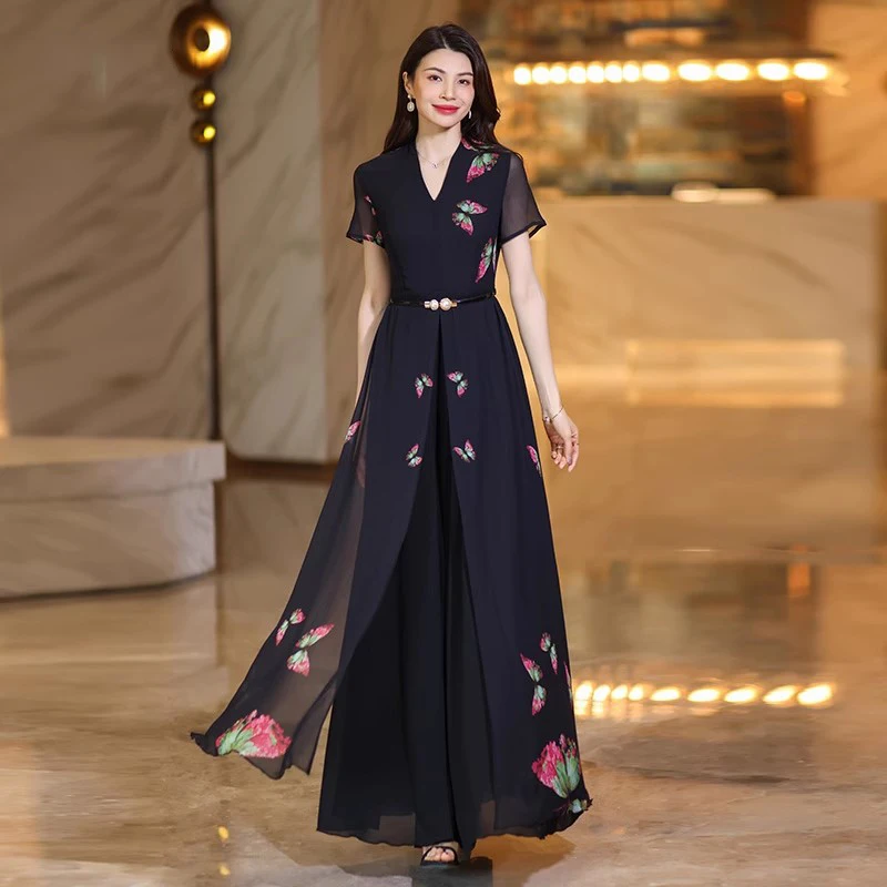 

New Women Summer Butterfly Print Dress Fashion V-Neck Short Sleeve High Waist Long Dress Elegant Slim Waist Chiffon Dress