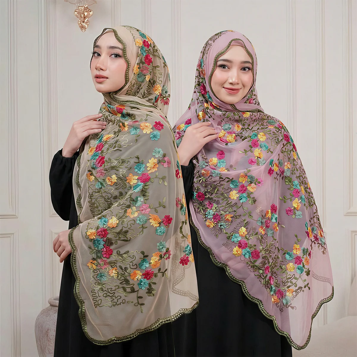 

﻿Fashion Women Long Scarf Shawl Veil Embroidered Flower Pattern Elegant Muslim Hijab Headband Versatile Accessory 190*64cm