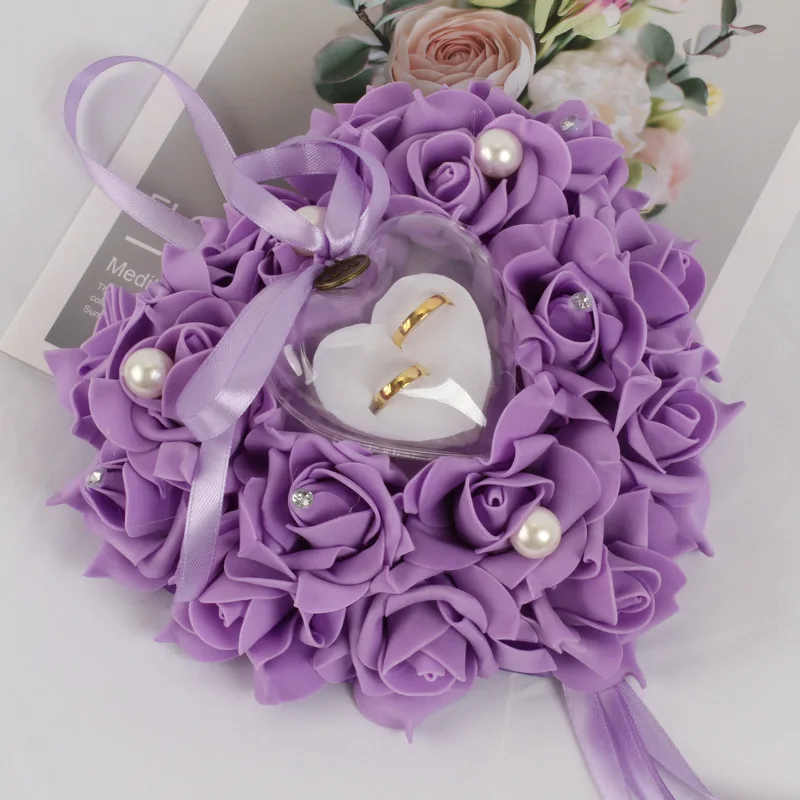 Weeding Couple Rings Holder Sweet Valentine Day Gift Heart Shape Ring Pillow Cushion Simulation Rose Flowers Jewelry Case