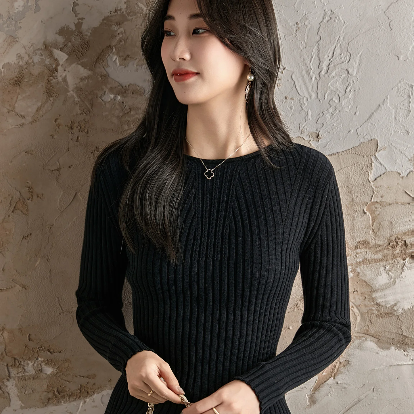 WinvyNee Women's 100% Cotton Ribbed Cuffed Crew Neck Slim Fit Classic All-Match Soft Touch Long Sleeve Elegant Pullover A1092021